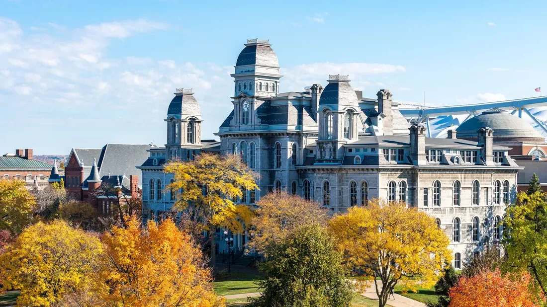 The exterior of the Hall of Languages building in the fall.