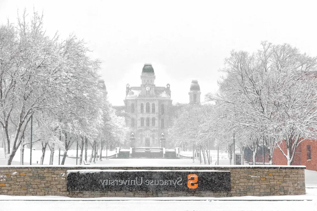 The exterior of the Hall of Languages during the winter.